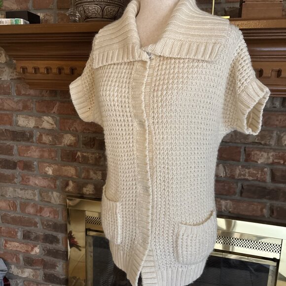 Ann Taylor Loft Petite Bulky Ivory Short Sleeve Cardigan Size PL Wool Blend - Picture 2 of 8